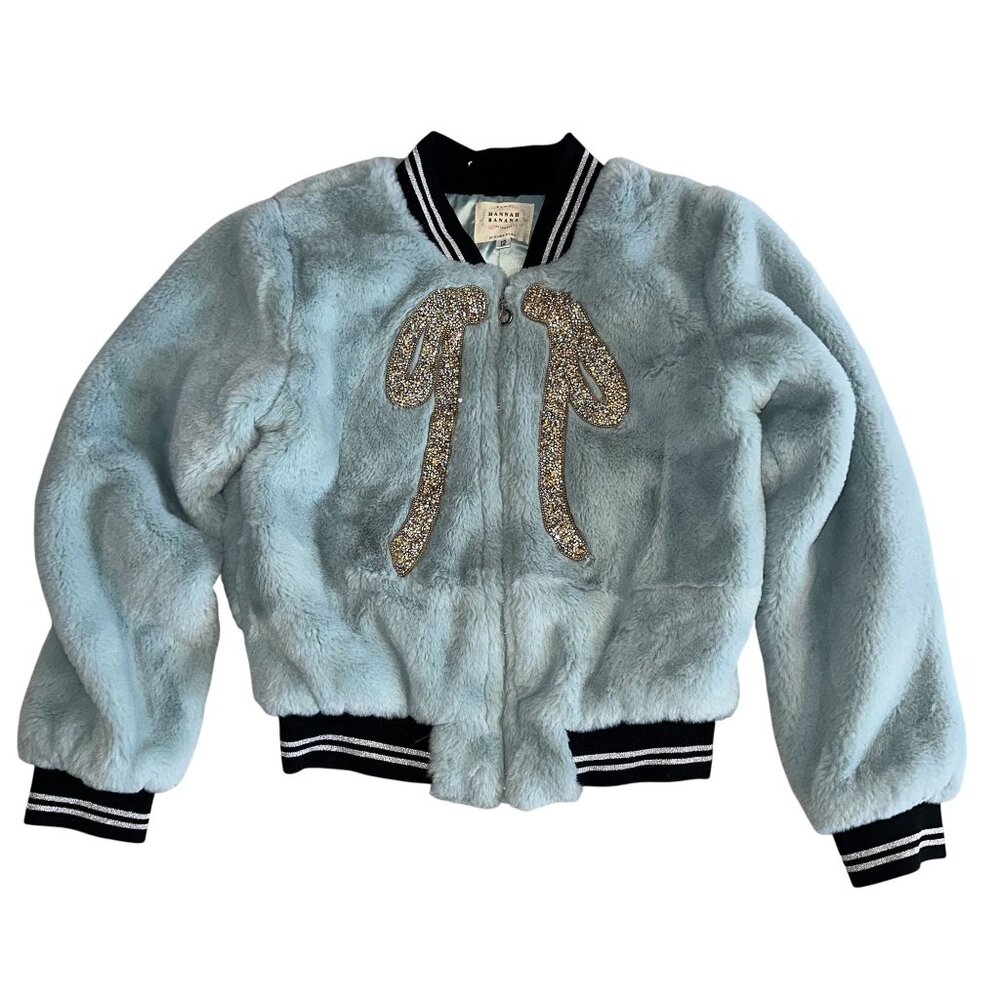 Hannah Banana Light Blue Silver Faux Fur Bomber Jacket Girl's 12